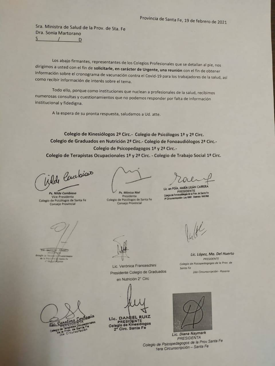 CAMPAÑA VACUNACIÓN SARS-COV2. Nota a la Ministra de Salud de Santa Fe.