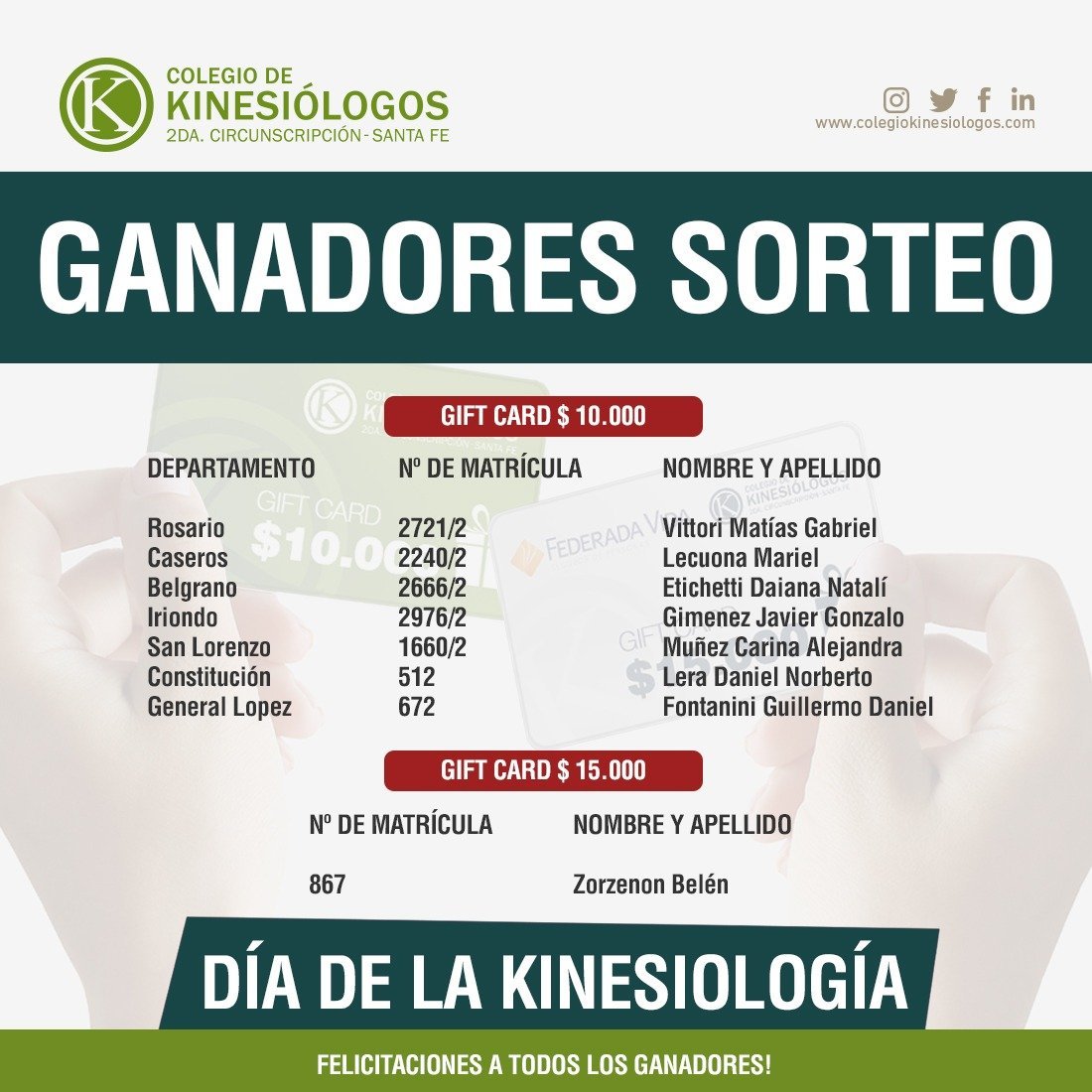 GANADORES: SORTEO DÍA DE LA KINESIOLOGÍA.