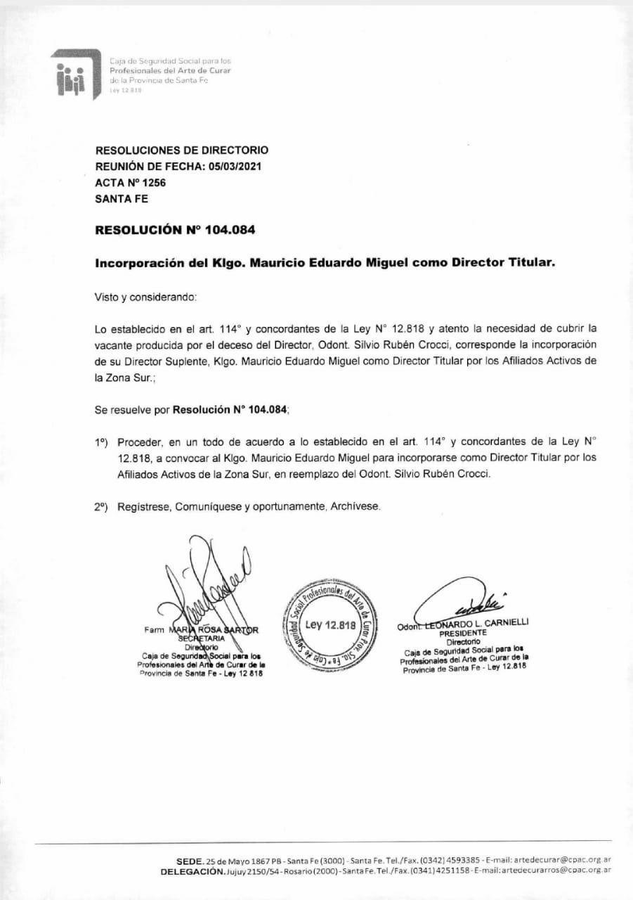 Nuevo Director de la Caja del Arte de Curar de la Prov. de Santa Fe.